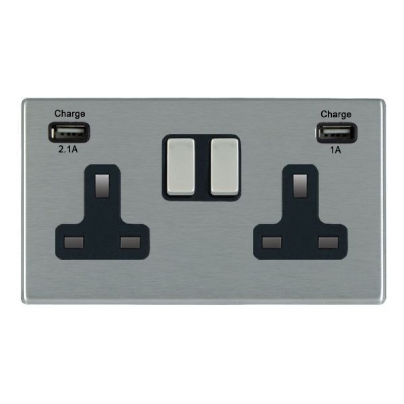 Hamilton Hartland CFX Satin Stainless 2 Gang 13A Socket and USB Chargers with Satin Stainless Inserts + Black Surround