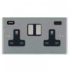 Hamilton Hartland Satin Steel 74SS2USBCSS-B Switched Double Socket USB+C 2G DP SS/Bk