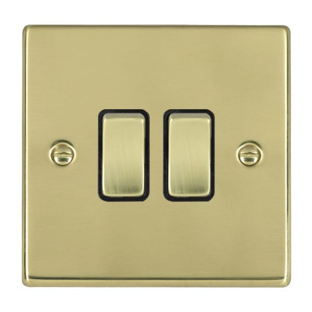 Hamilton Hartland Polished Brass 2 Gang 10AX 2W Rocker Switch with Polished Brass Inserts and Black Surrounds