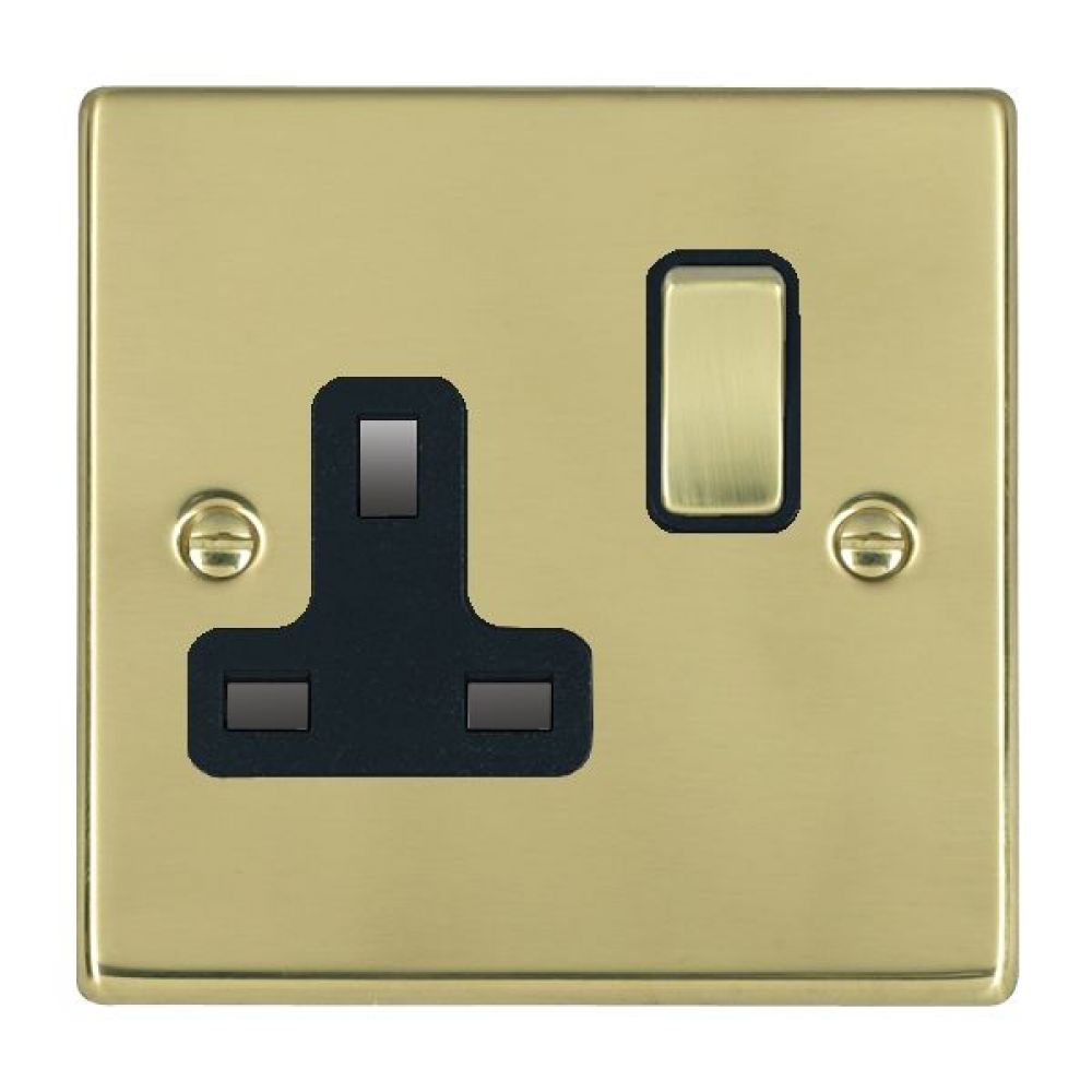 Hamilton Hartland Polished Brass 1 Gang 13A Double Pole Switched Socket with Polished Brass Inserts + Black Surround