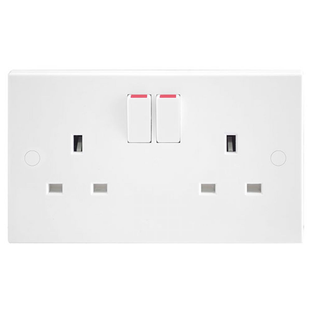 BG White Square Edge 2 Gang Double Pole 13A Switched Socket